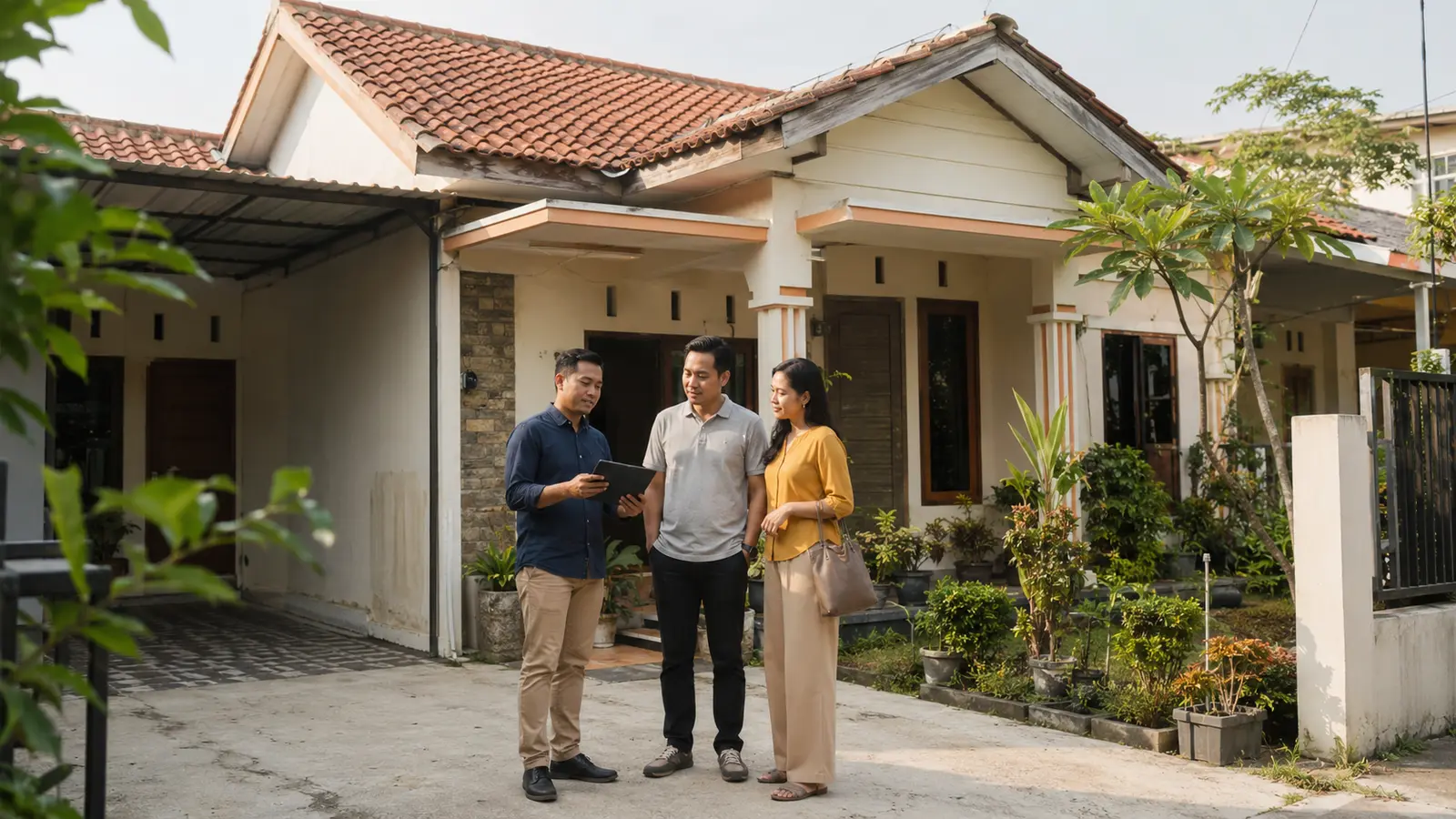 Broker properti menjelaskan sebuah rumah kepada pasangan calon pembeli di lingkungan Indonesia