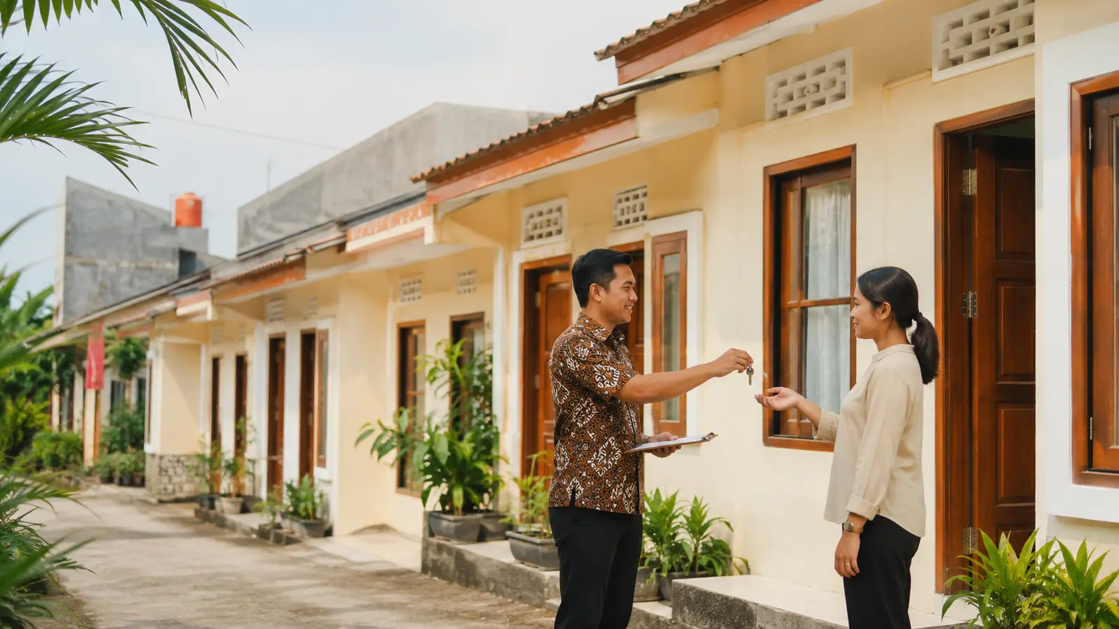 Pemilik kontrakan menyerahkan kunci kepada penyewa di depan deretan rumah sewa yang terawat
