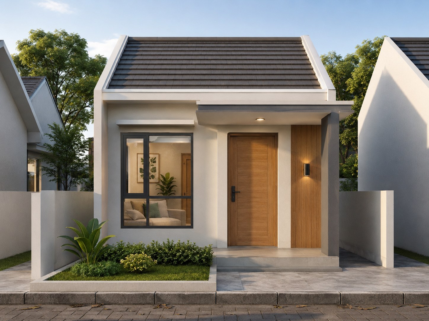 Tampak depan rumah Type 21 dengan atap pelana, pintu kayu, jendela besar, teras, dan taman kecil